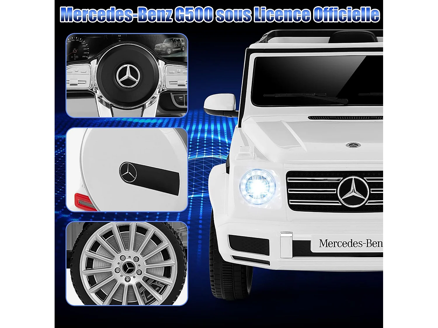 Voiture Électrique Enfants Mercedes-Benz G500 12V avec Télécommande, Musique, Klaxon, Phares LED - Blanc