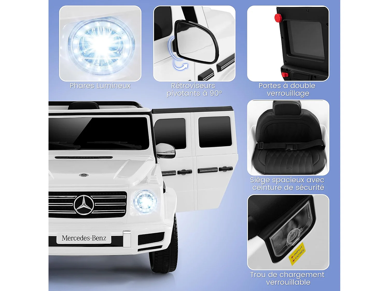 Voiture Électrique Enfants Mercedes-Benz G500 12V avec Télécommande, Musique, Klaxon, Phares LED - Blanc