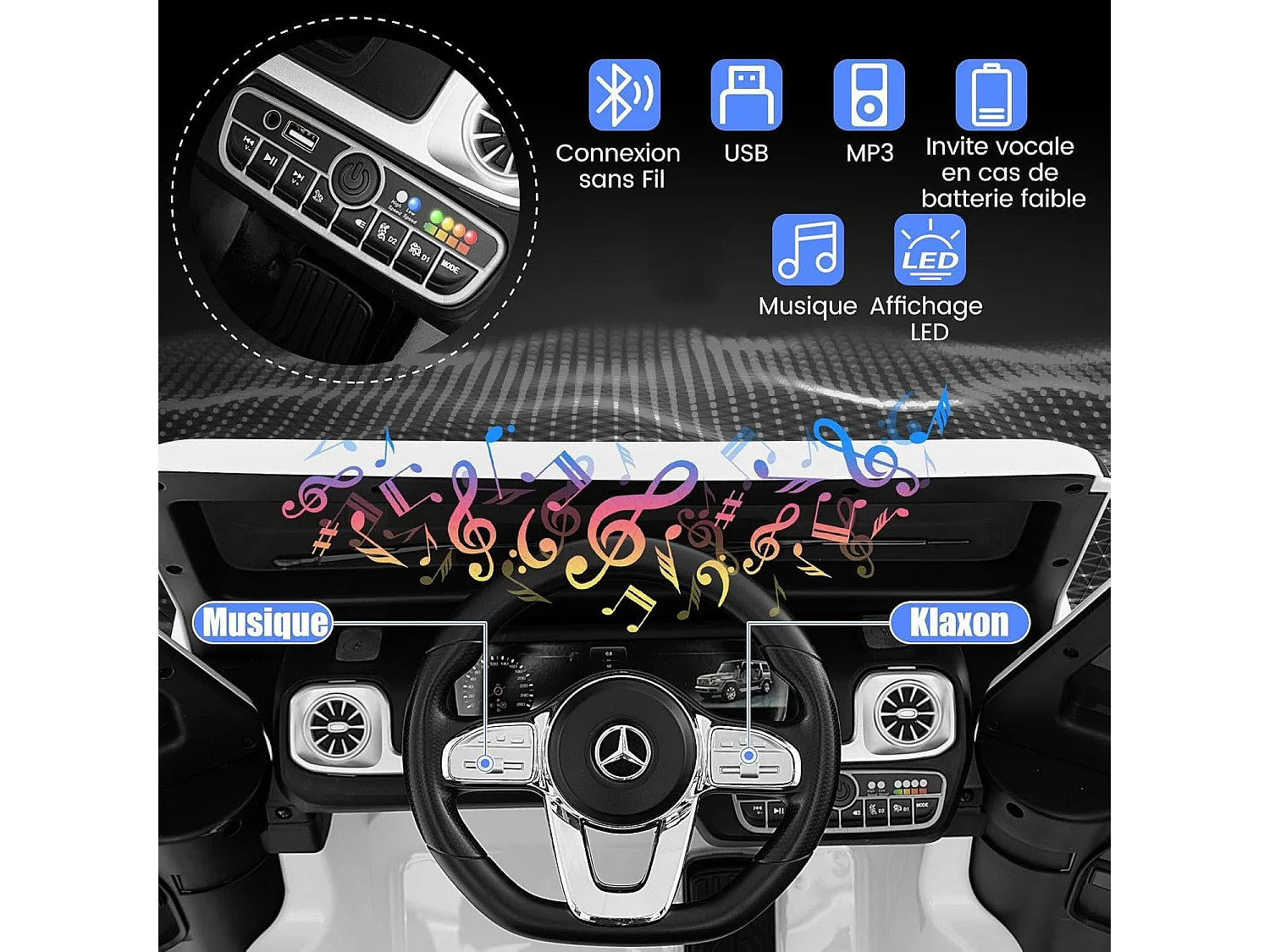 Voiture Électrique Enfants Mercedes-Benz G500 12V avec Télécommande, Musique, Klaxon, Phares LED - Blanc