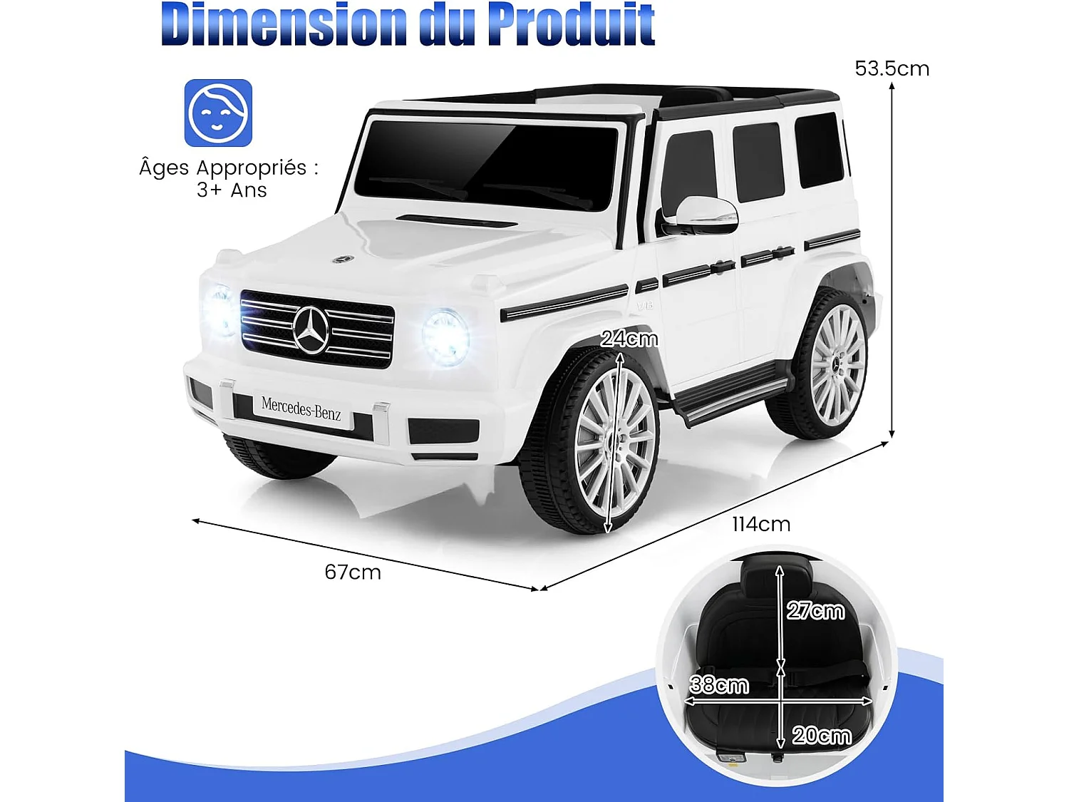 Voiture Électrique Enfants Mercedes-Benz G500 12V avec Télécommande, Musique, Klaxon, Phares LED - Blanc