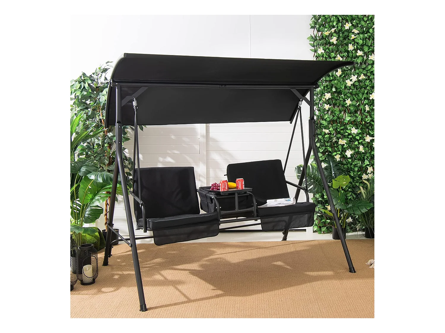 Balancelle d'Extérieur à 2 Places avec Auvent Réglable et Sac Isotherme - Noir