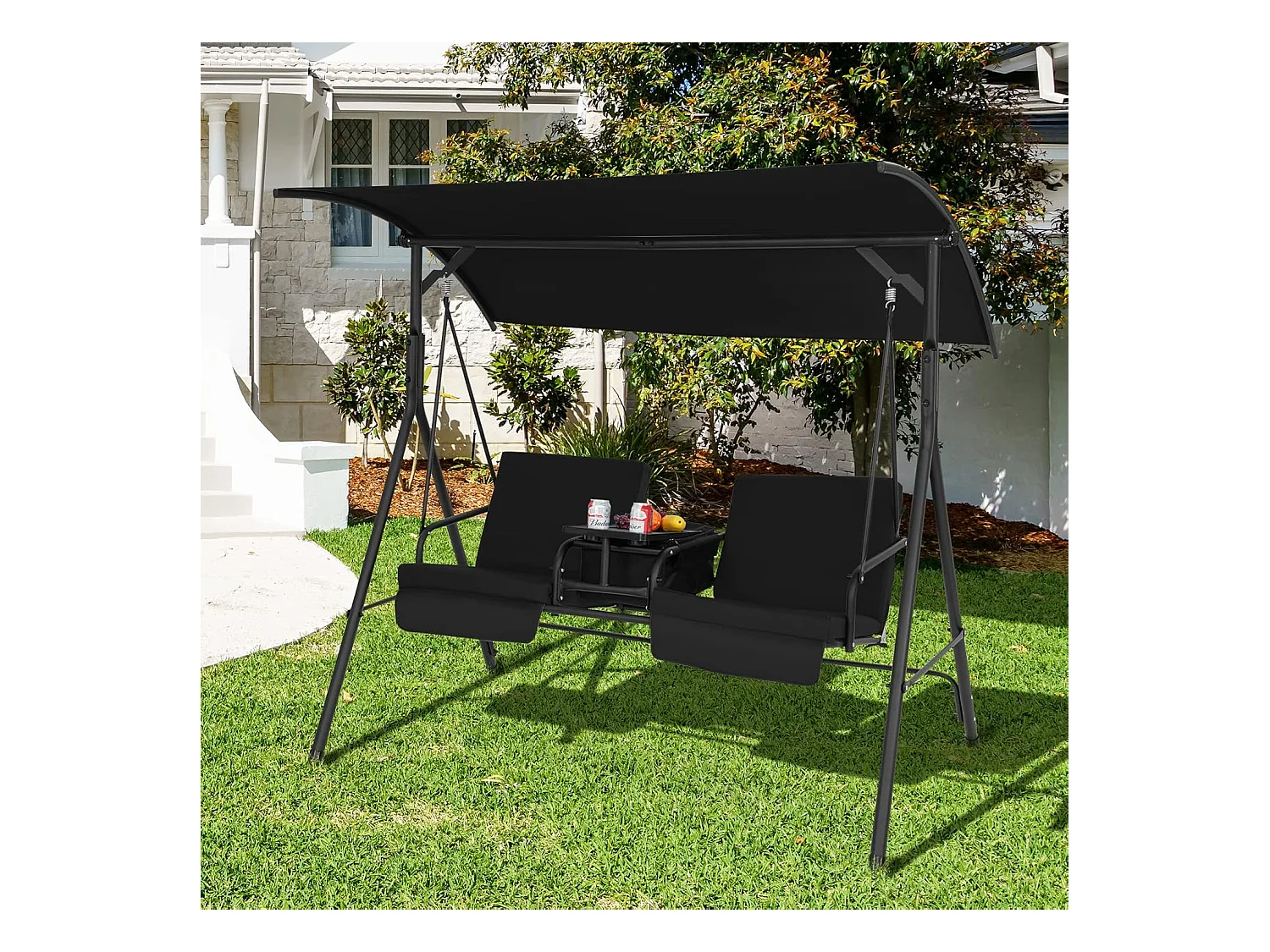 Balancelle d'Extérieur à 2 Places avec Auvent Réglable et Sac Isotherme - Noir