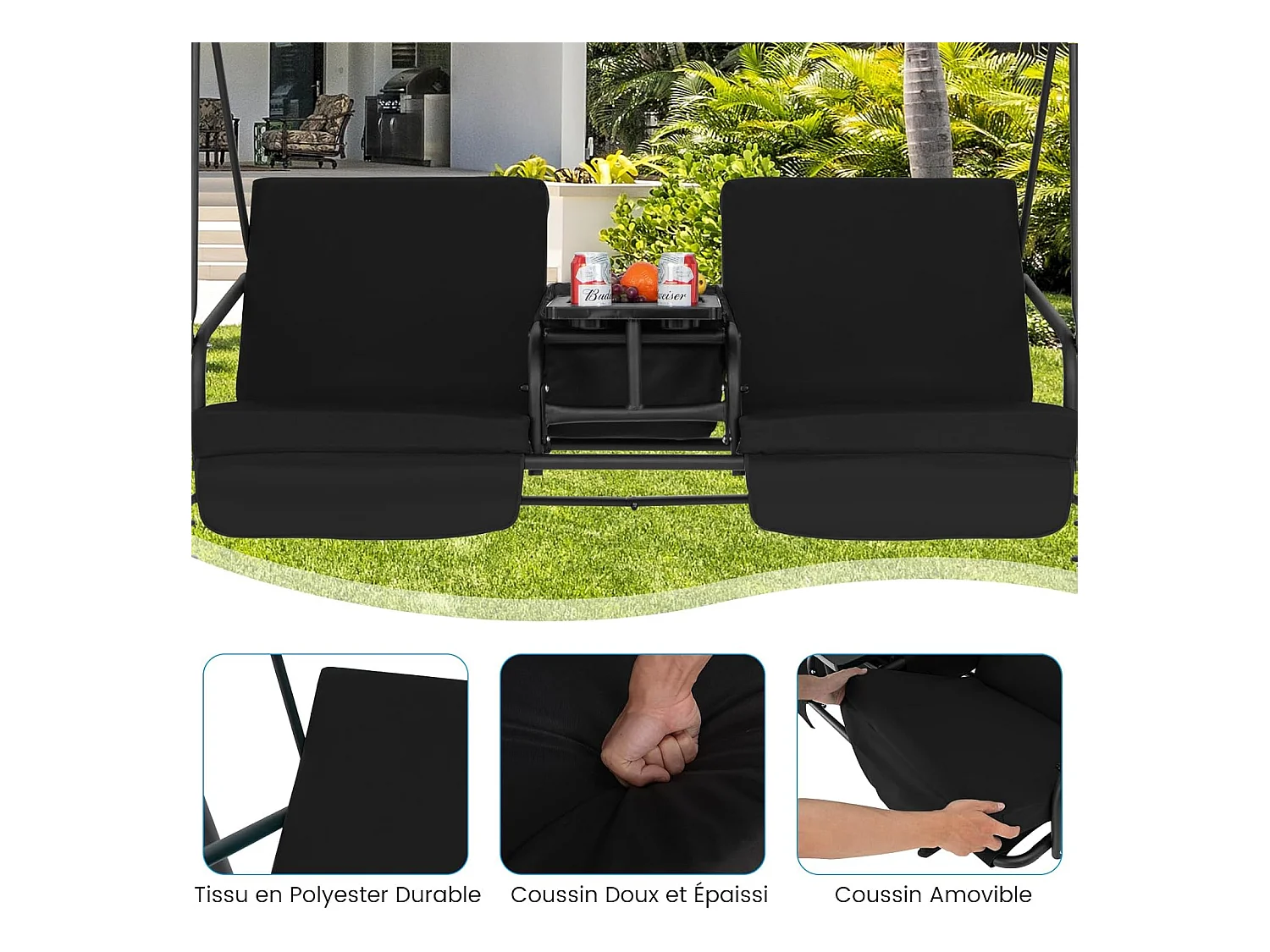 Balancelle d'Extérieur à 2 Places avec Auvent Réglable et Sac Isotherme - Noir