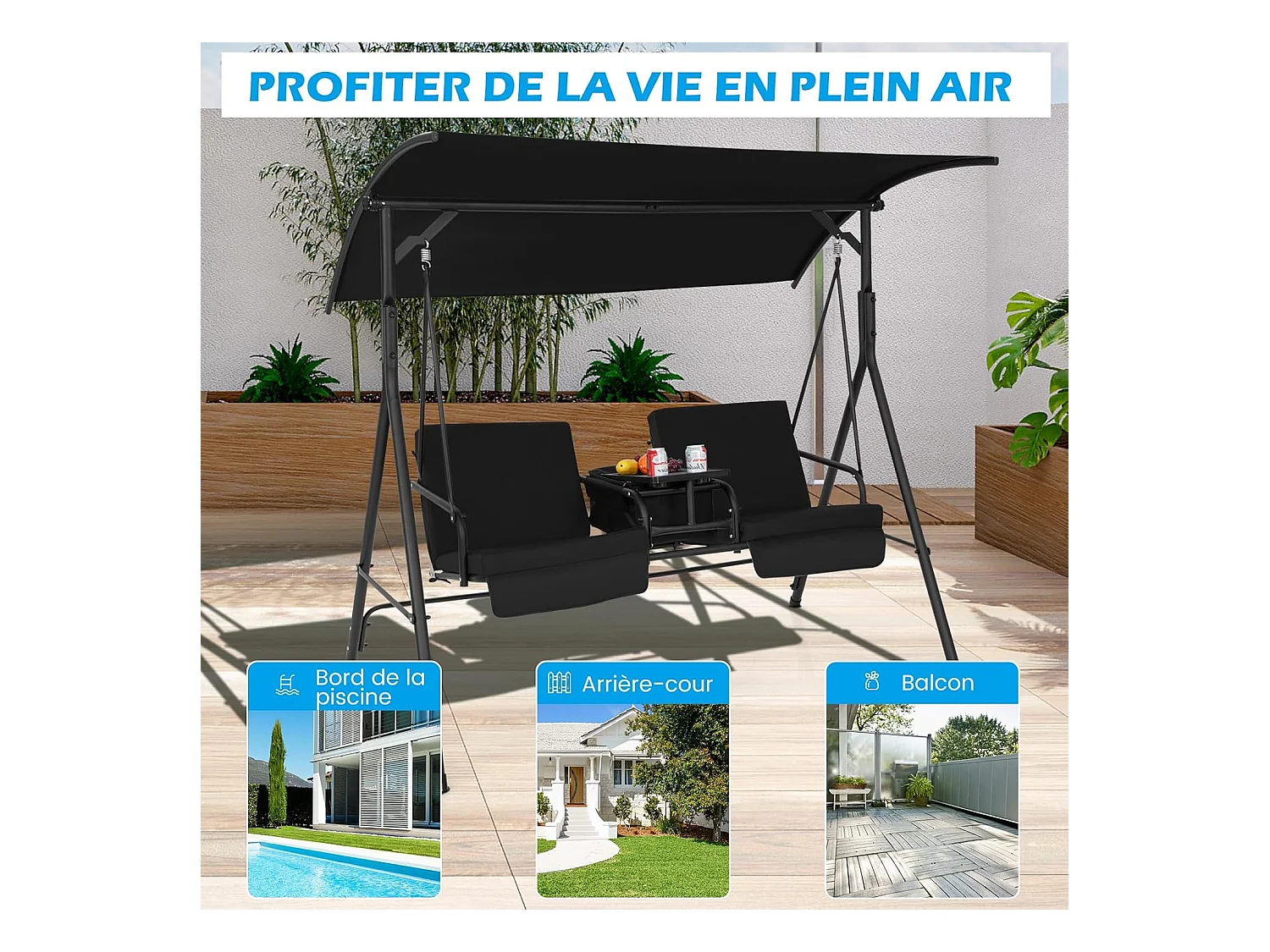 Balancelle d'Extérieur à 2 Places avec Auvent Réglable et Sac Isotherme - Noir