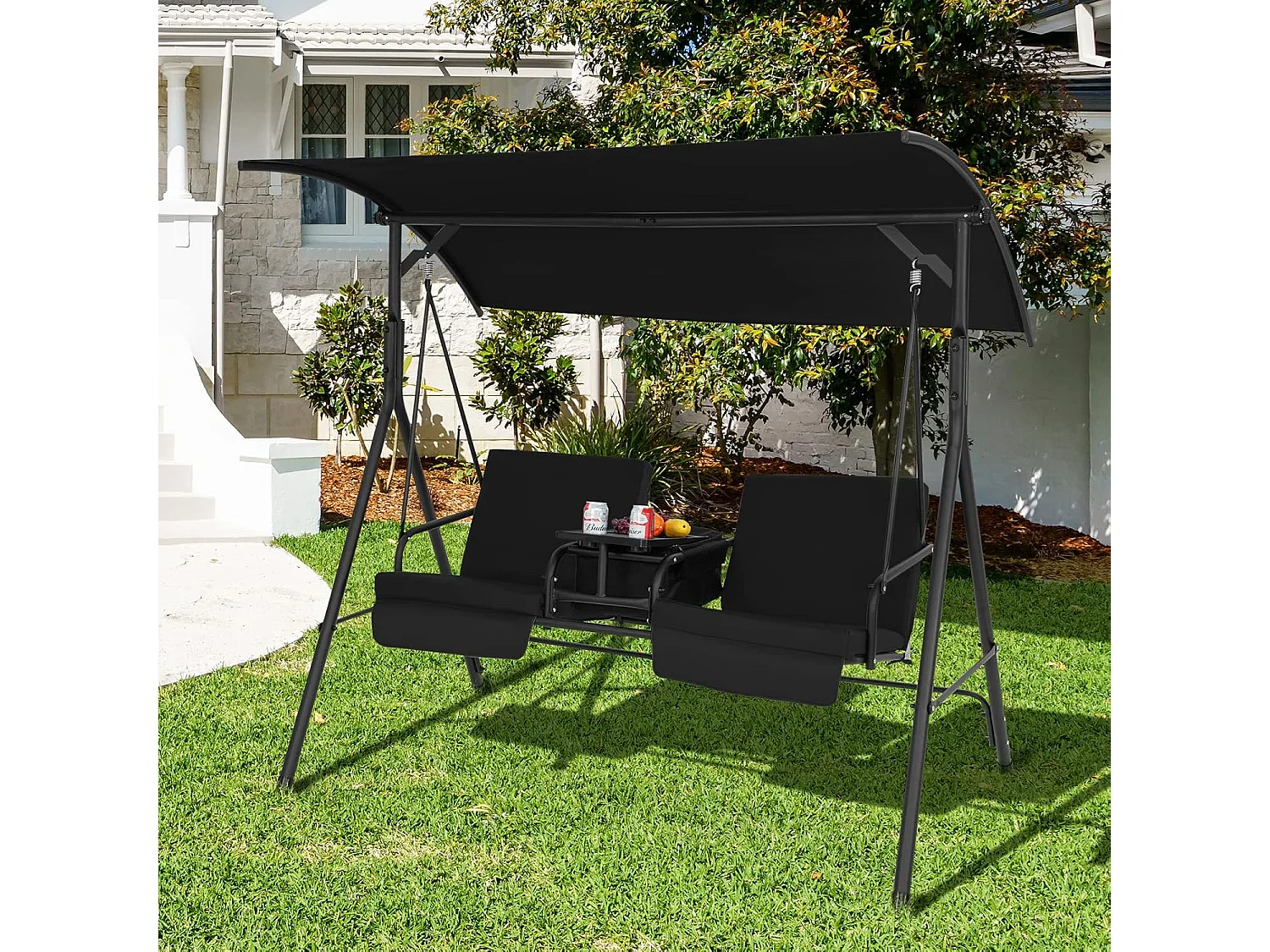 Balancelle d'Extérieur à 2 Places avec Auvent Réglable et Sac Isotherme - Noir
