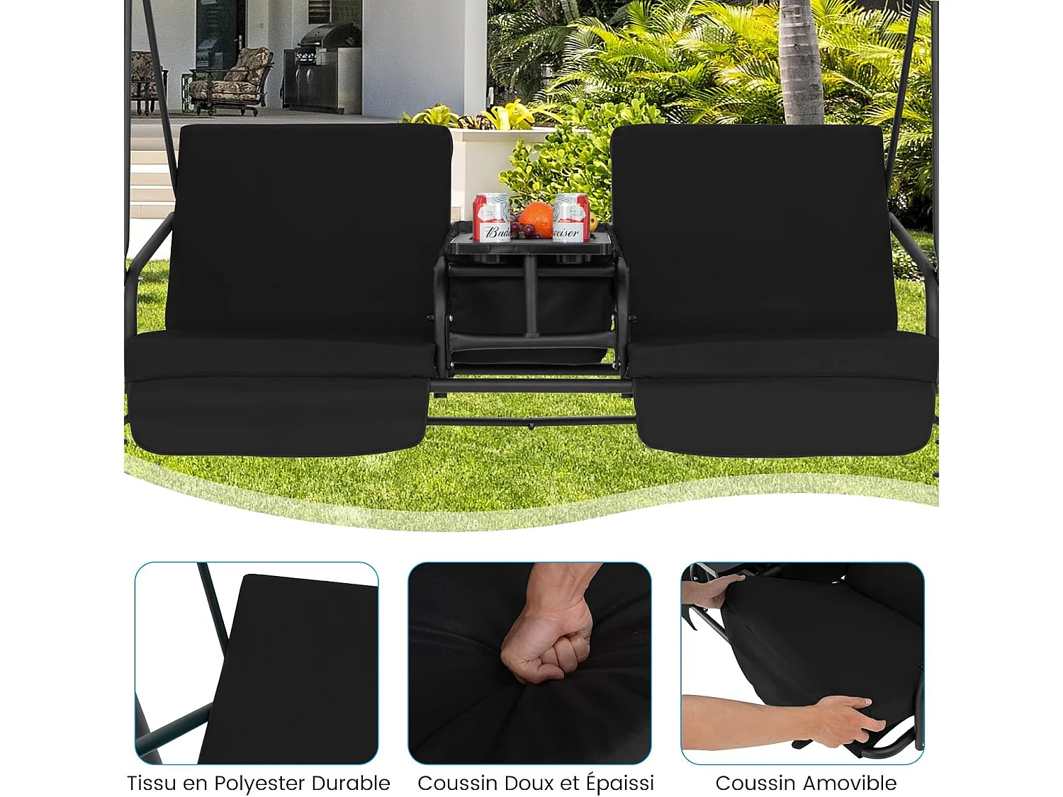 Balancelle d'Extérieur à 2 Places avec Auvent Réglable et Sac Isotherme - Noir