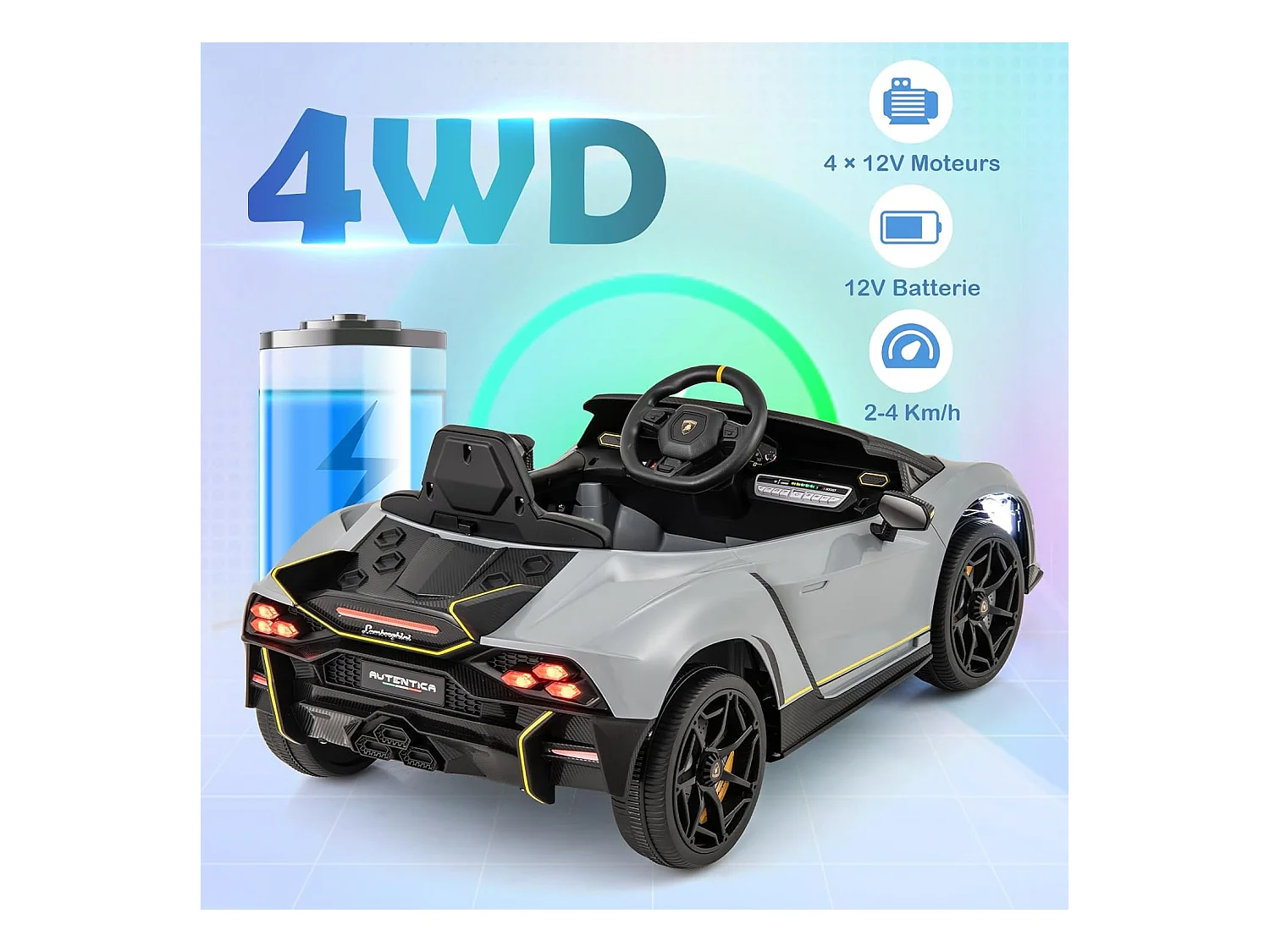 Voiture Électrique Enfants Lamborghini 12V avec Télécommande, Portes Hydrauliques, Lumières LED & Musique - Gris