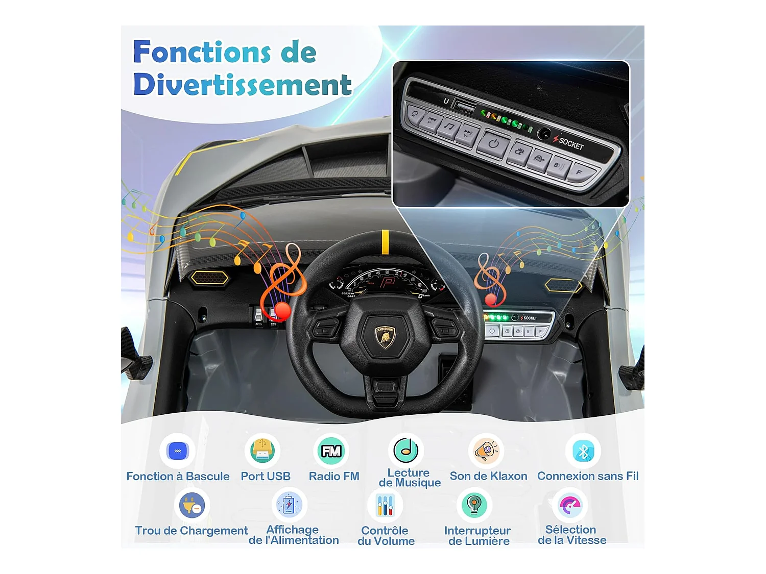 Voiture Électrique Enfants Lamborghini 12V avec Télécommande, Portes Hydrauliques, Lumières LED & Musique - Gris