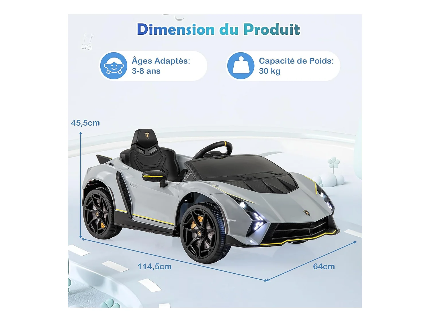 Voiture Électrique Enfants Lamborghini 12V avec Télécommande, Portes Hydrauliques, Lumières LED & Musique - Gris