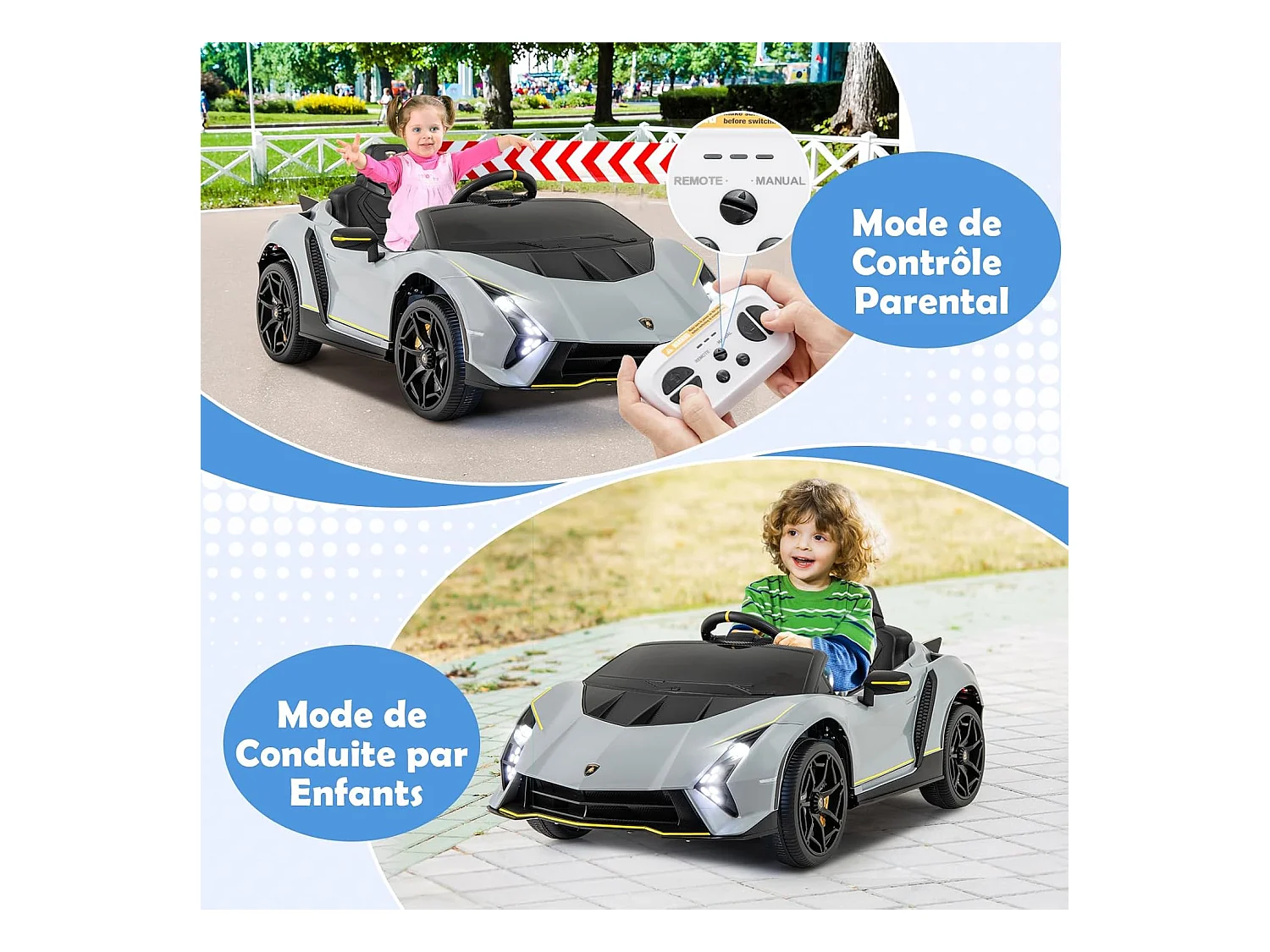 Voiture Électrique Enfants Lamborghini 12V avec Télécommande, Portes Hydrauliques, Lumières LED & Musique - Gris