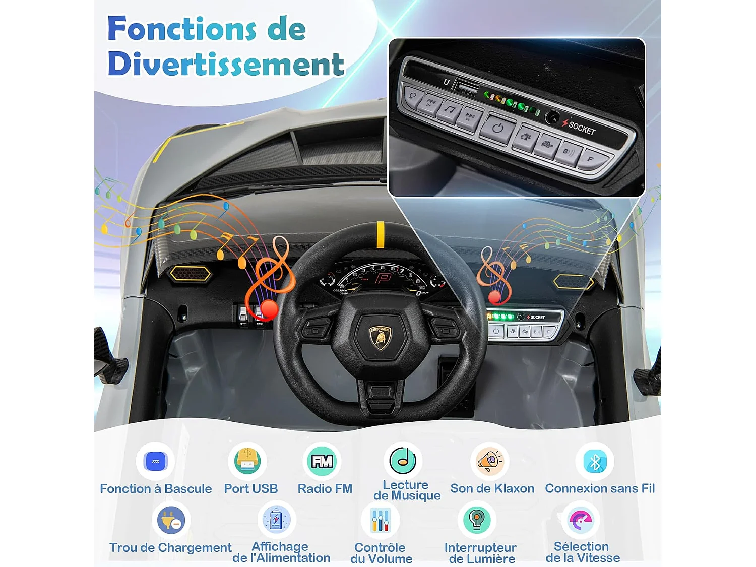 Voiture Électrique Enfants Lamborghini 12V avec Télécommande, Portes Hydrauliques, Lumières LED & Musique - Gris