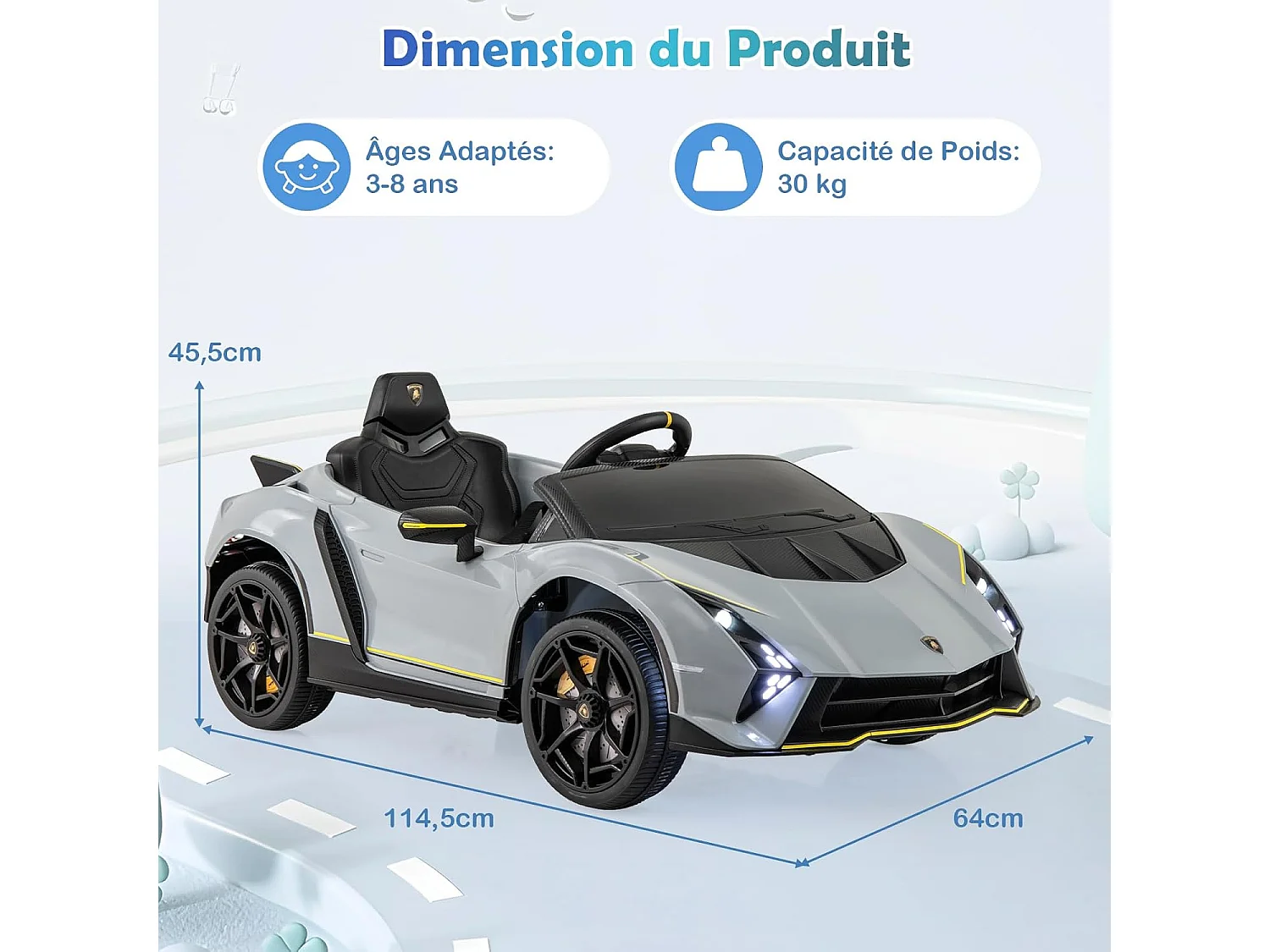 Voiture Électrique Enfants Lamborghini 12V avec Télécommande, Portes Hydrauliques, Lumières LED & Musique - Gris