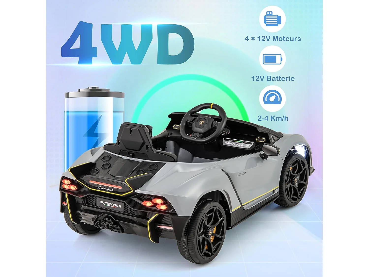 Voiture Électrique Enfants Lamborghini 12V avec Télécommande, Portes Hydrauliques, Lumières LED & Musique - Gris
