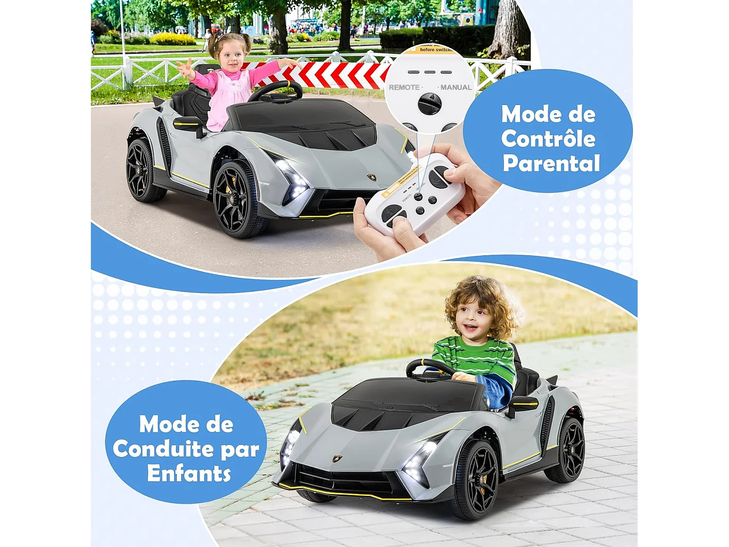 Voiture Électrique Enfants Lamborghini 12V avec Télécommande, Portes Hydrauliques, Lumières LED & Musique - Gris