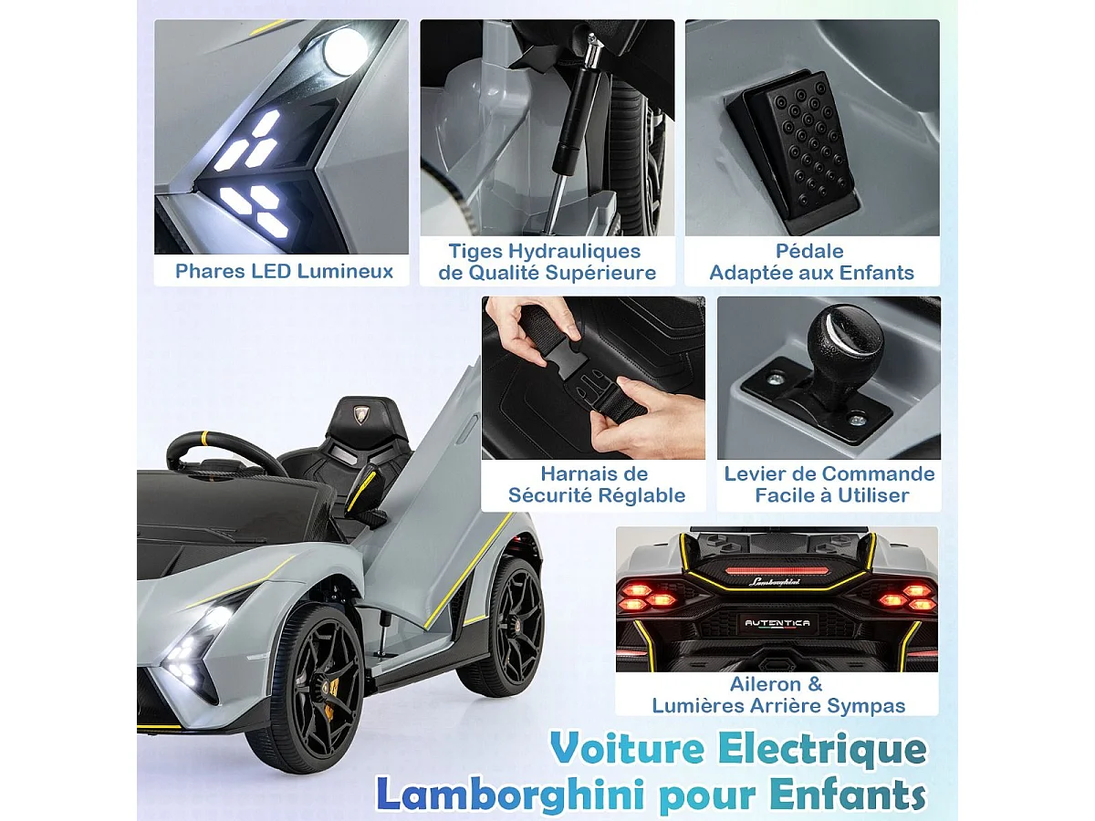 Voiture Électrique Enfants Lamborghini 12V avec Télécommande, Portes Hydrauliques, Lumières LED & Musique - Gris