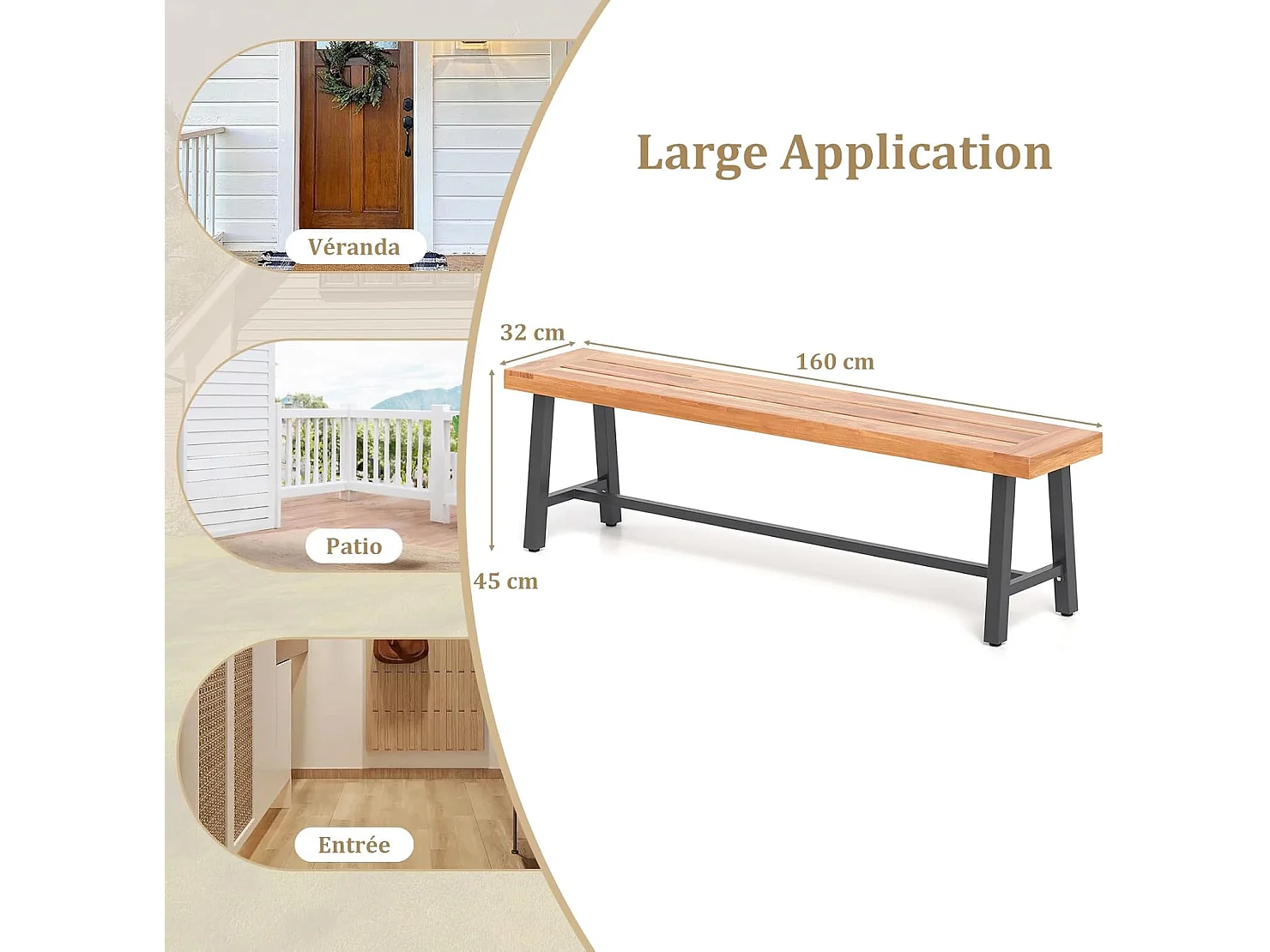 Banc de Jardin Bois d'Acacia 160 x 32 x 45 cm, 3 Places, Capacité 360 kg, Pieds Métal, Pour Jardin Porche Terrasse