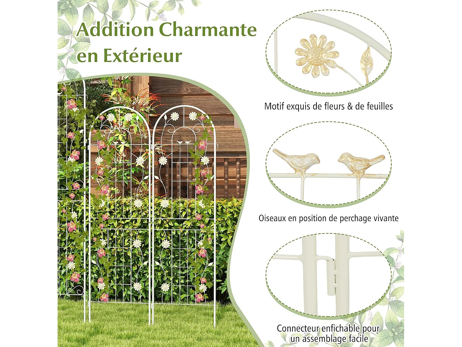 Lot de 2 Treillis de Jardin en Métal 220 x 50 cm, Clôture Décorative pour Plante Grimpante, Grille Fleurs Antirouille pour Jardin, Cour, Patio (Blanc)