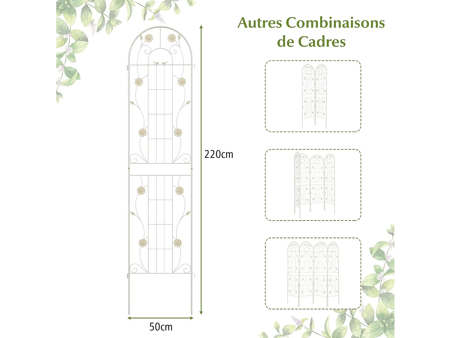 Lot de 2 Treillis de Jardin en Métal 220 x 50 cm, Clôture Décorative pour Plante Grimpante, Grille Fleurs Antirouille pour Jardin, Cour, Patio (Blanc)