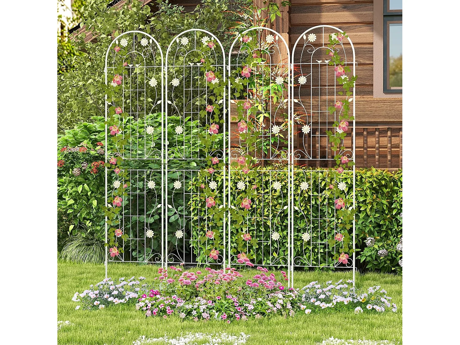 Lot de 2 Treillis de Jardin en Métal 180 x 50 cm, Clôture Décorative pour Plante Grimpante, Grille Fleurs Antirouille pour Jardin, Cour, Patio (Blanc)