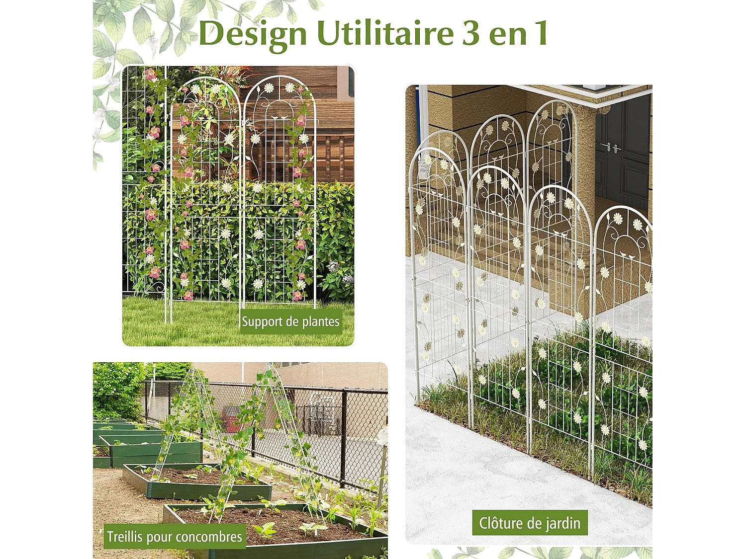 Lot de 2 Treillis de Jardin en Métal 180 x 50 cm, Clôture Décorative pour Plante Grimpante, Grille Fleurs Antirouille pour Jardin, Cour, Patio (Blanc)