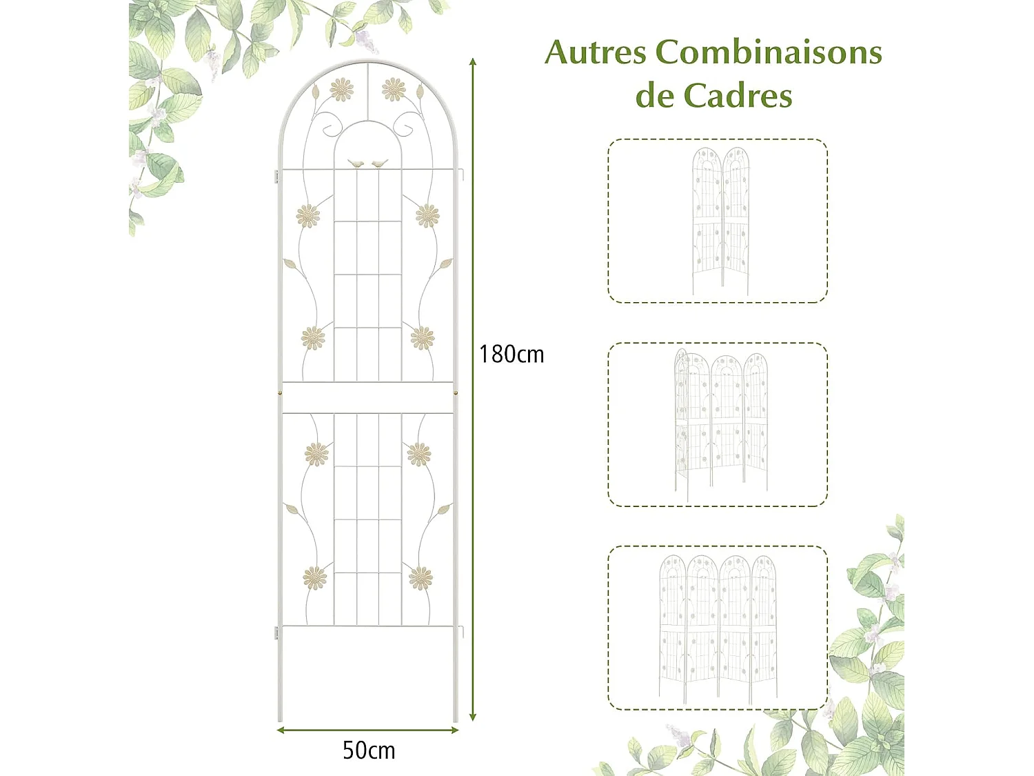 Lot de 2 Treillis de Jardin en Métal 180 x 50 cm, Clôture Décorative pour Plante Grimpante, Grille Fleurs Antirouille pour Jardin, Cour, Patio (Blanc)