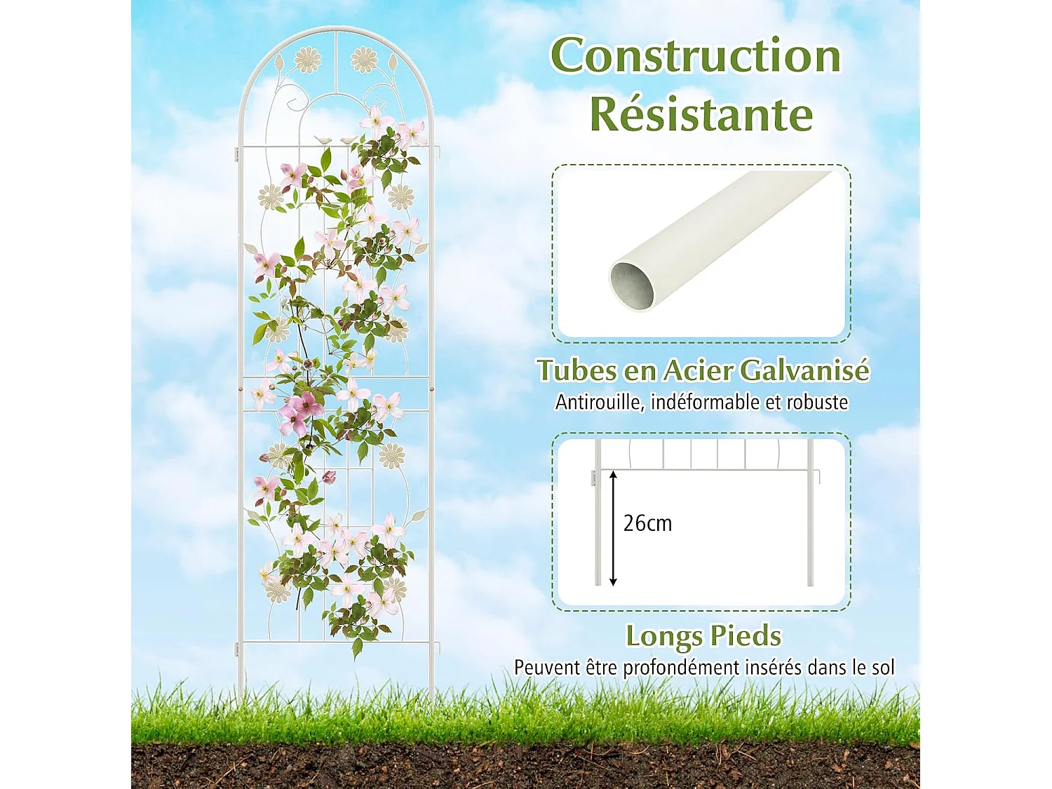 Lot de 2 Treillis de Jardin en Métal 180 x 50 cm, Clôture Décorative pour Plante Grimpante, Grille Fleurs Antirouille pour Jardin, Cour, Patio (Blanc)