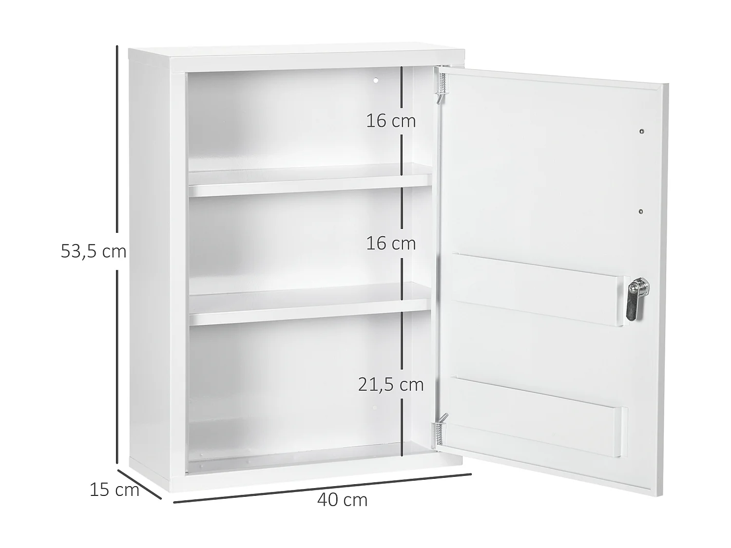 Abschließbarer Wandapothekenschrank mit 2 Schlüsseln, weißer Stahl, 40 x 15 x 53,5 cm