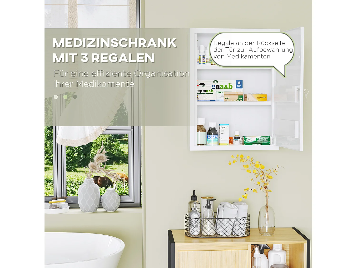 Abschließbarer Wandapothekenschrank mit 2 Schlüsseln, weißer Stahl, 40 x 15 x 53,5 cm