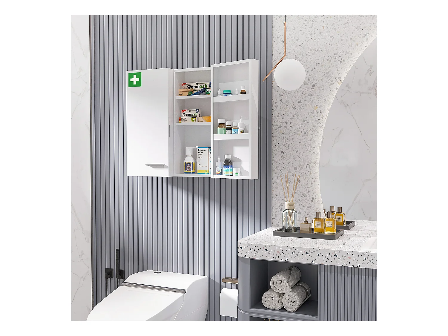 Armoire à pharmacie murale en acier blanc, 2 portes et 6 étagères, 55 x 18 x 60 cm