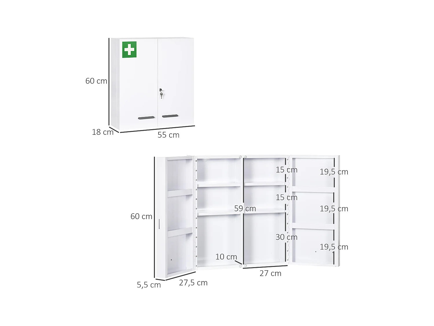 Armoire à pharmacie murale en acier blanc, 2 portes et 6 étagères, 55 x 18 x 60 cm
