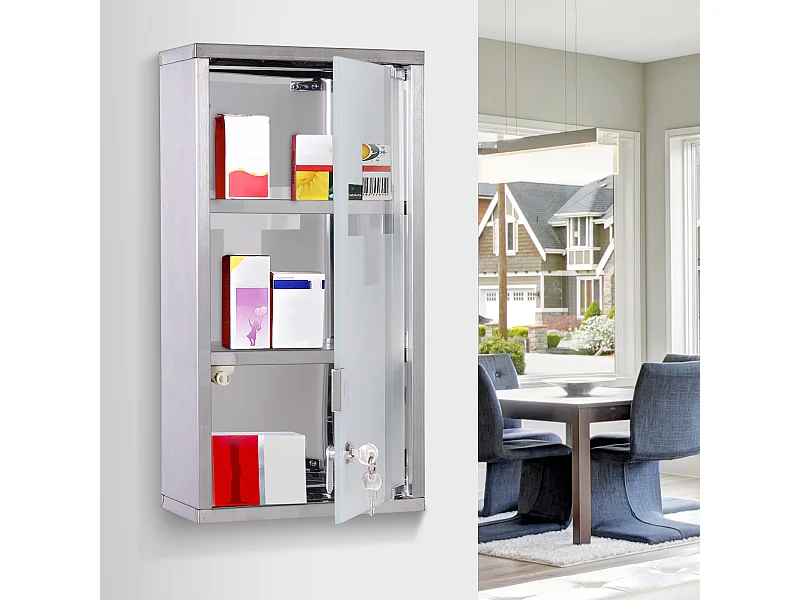 RVS medicijnkastje met 3 vakken, 25 x 12 x 48 cm