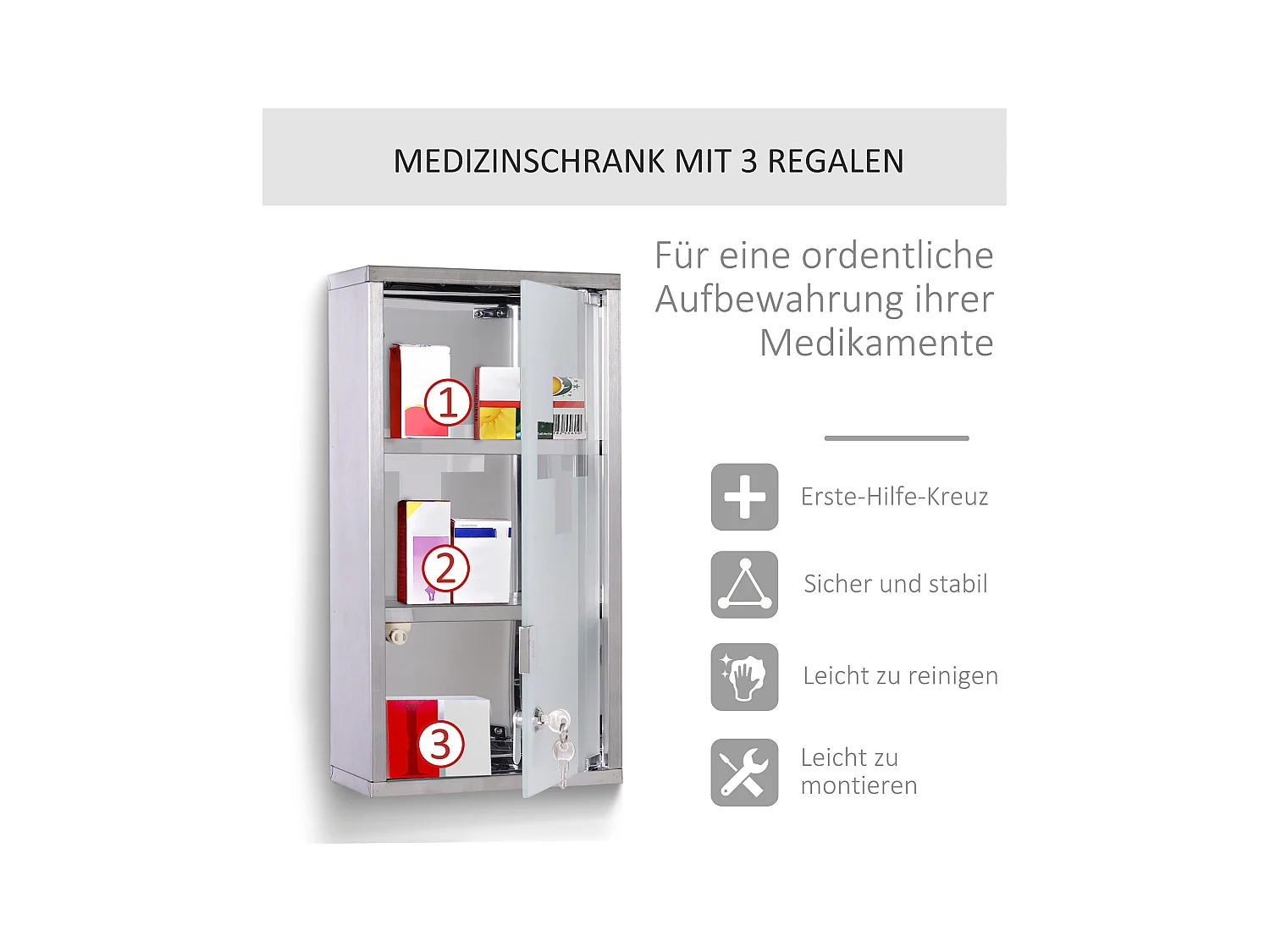 3-Fächer-Medizinschrank aus Edelstahl, 25 x 12 x 48 cm