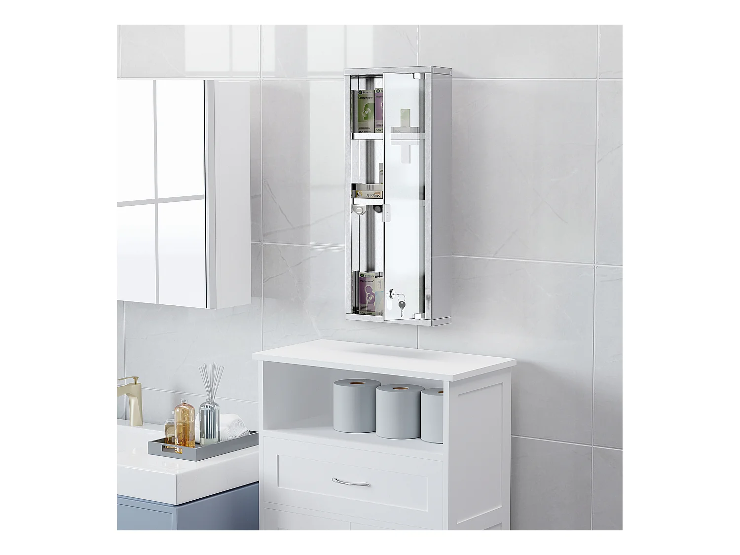 20 x 12 x 58 cm Edelstahl-Medizinschrank mit mattiertem Silberglas