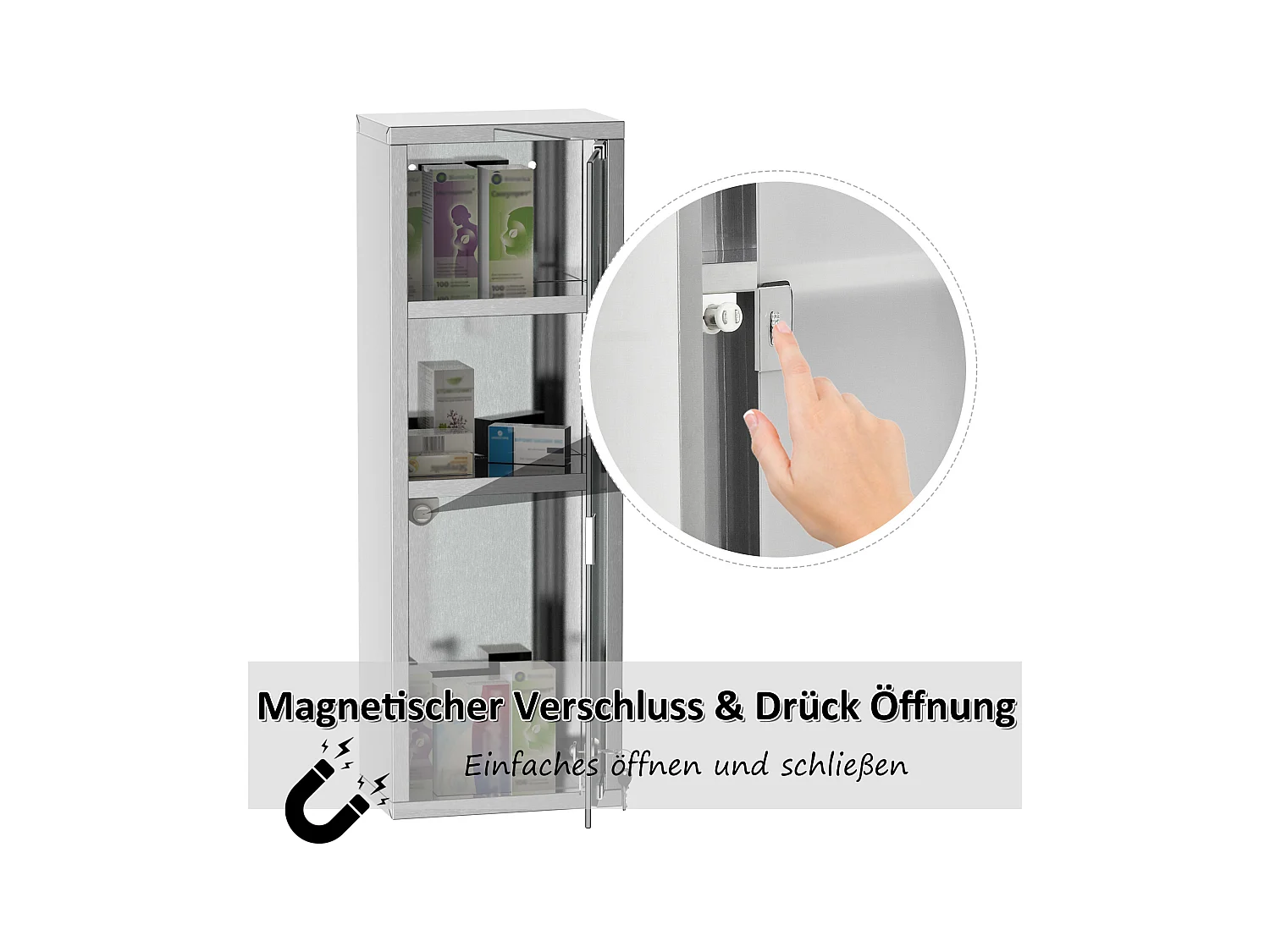 20 x 12 x 58 cm Edelstahl-Medizinschrank mit mattiertem Silberglas