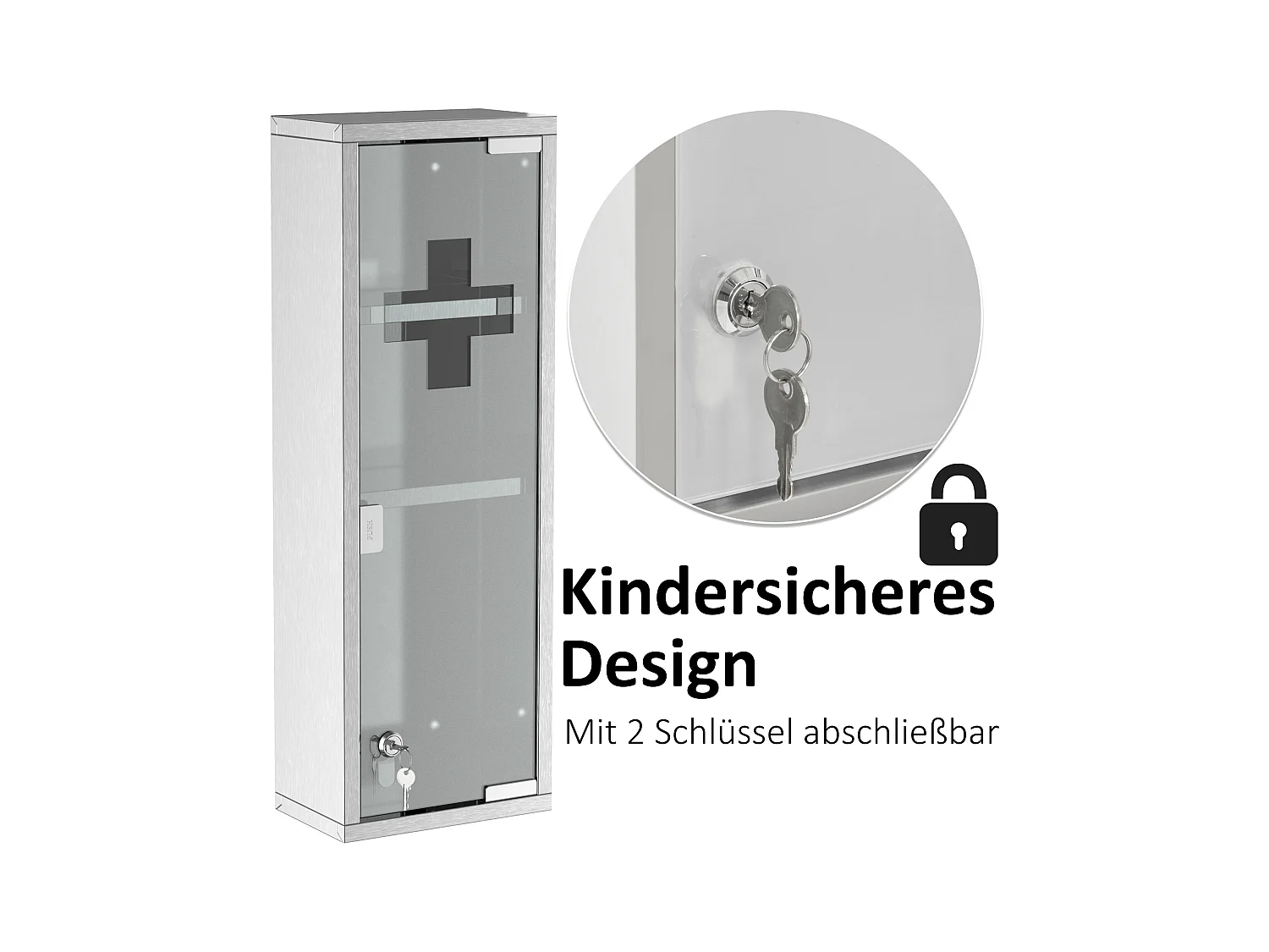 20 x 12 x 58 cm Edelstahl-Medizinschrank mit mattiertem Silberglas