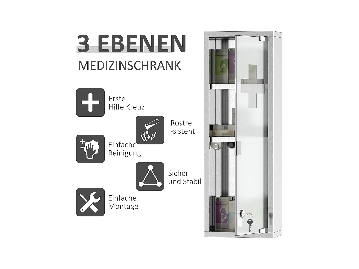 20 x 12 x 58 cm Edelstahl-Medizinschrank mit mattiertem Silberglas