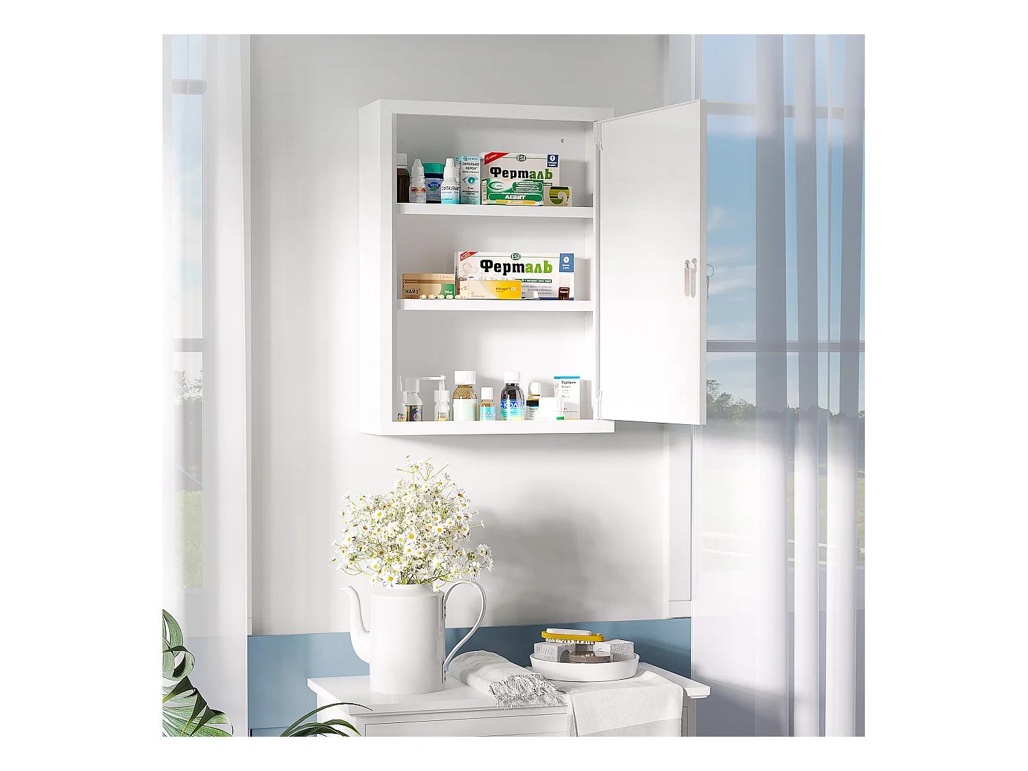 Armoire à pharmacie murale verrouillable avec 2 clés, en acier blanc, 40 x 15 x 53,5 cm