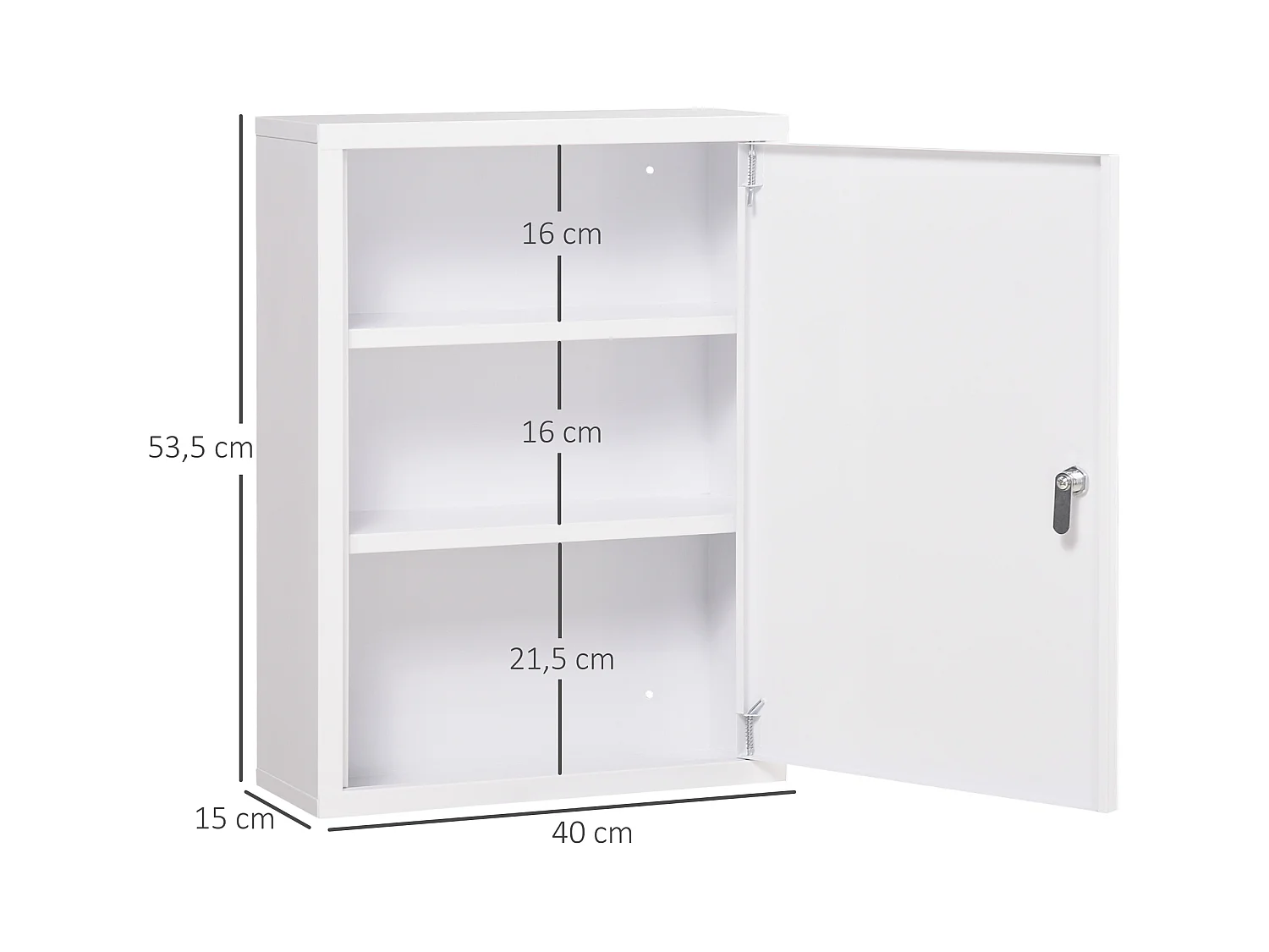 Armoire à pharmacie murale verrouillable avec 2 clés, en acier blanc, 40 x 15 x 53,5 cm