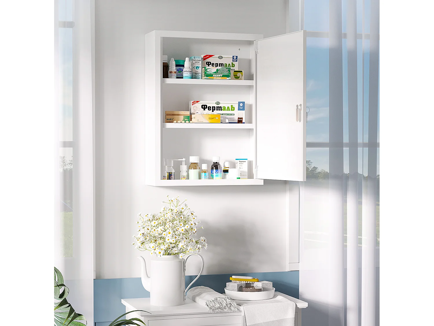 Abschließbarer Wandapothekenschrank mit 2 Schlüsseln, weißer Stahl, 40 x 15 x 53,5 cm