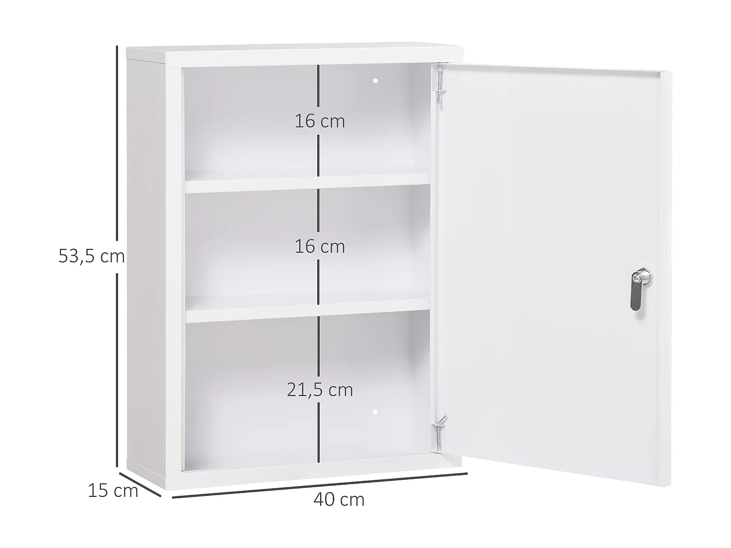 Abschließbarer Wandapothekenschrank mit 2 Schlüsseln, weißer Stahl, 40 x 15 x 53,5 cm