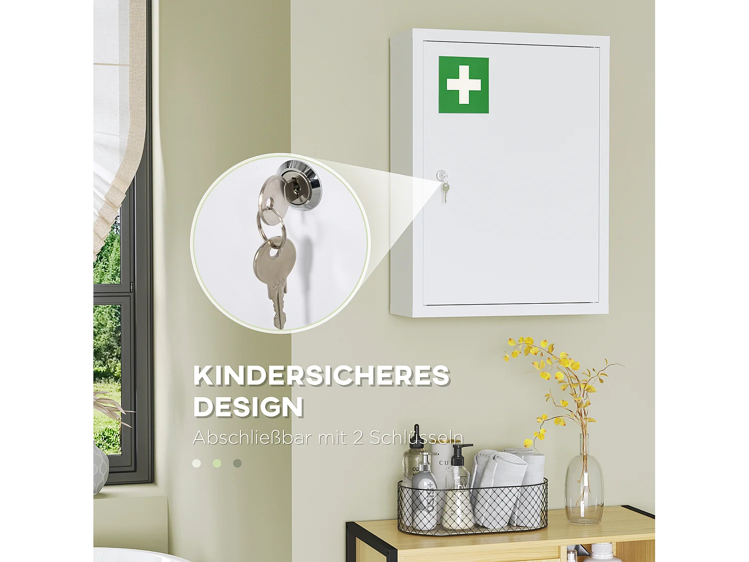 Abschließbarer Wandapothekenschrank mit 2 Schlüsseln, weißer Stahl, 40 x 15 x 53,5 cm