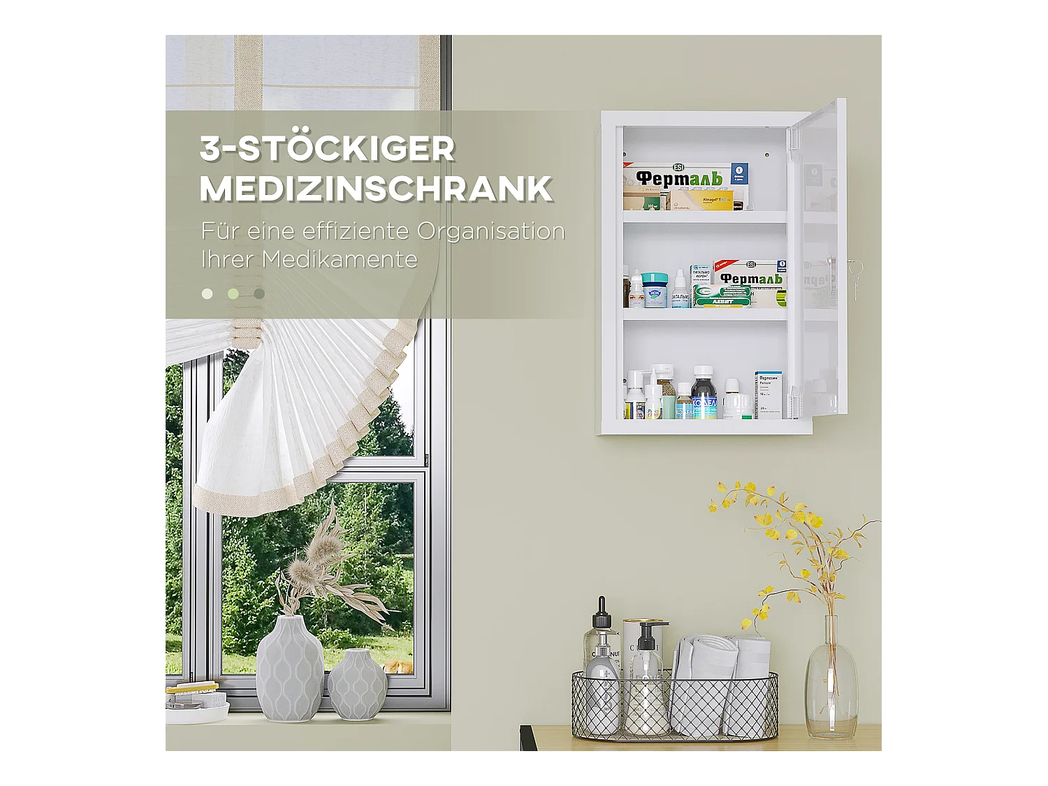 Abschließbarer Medizinschrank mit 3 Einlegeböden und 2 Schlüsseln, weißer Stahl