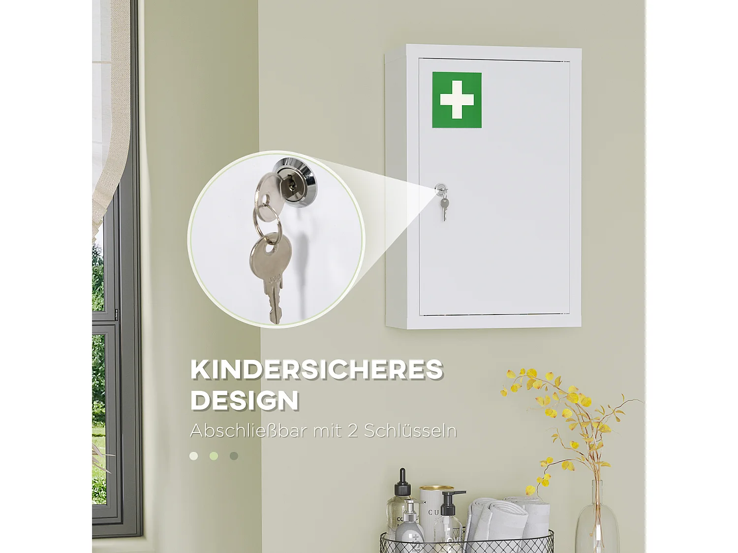 Abschließbarer Hausapothekenschrank mit 3 kindersicheren Fächern