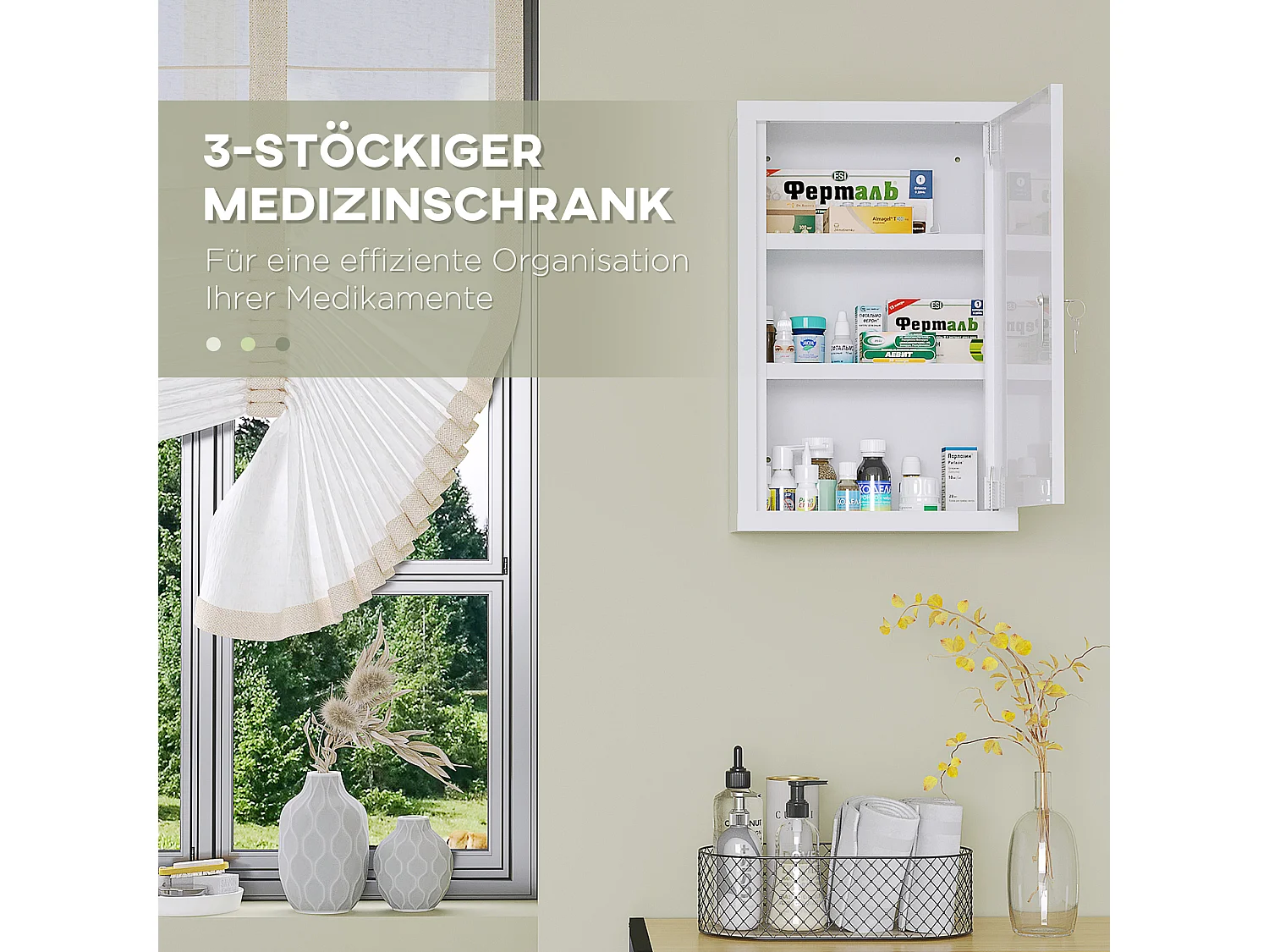 Abschließbarer Hausapothekenschrank mit 3 kindersicheren Fächern