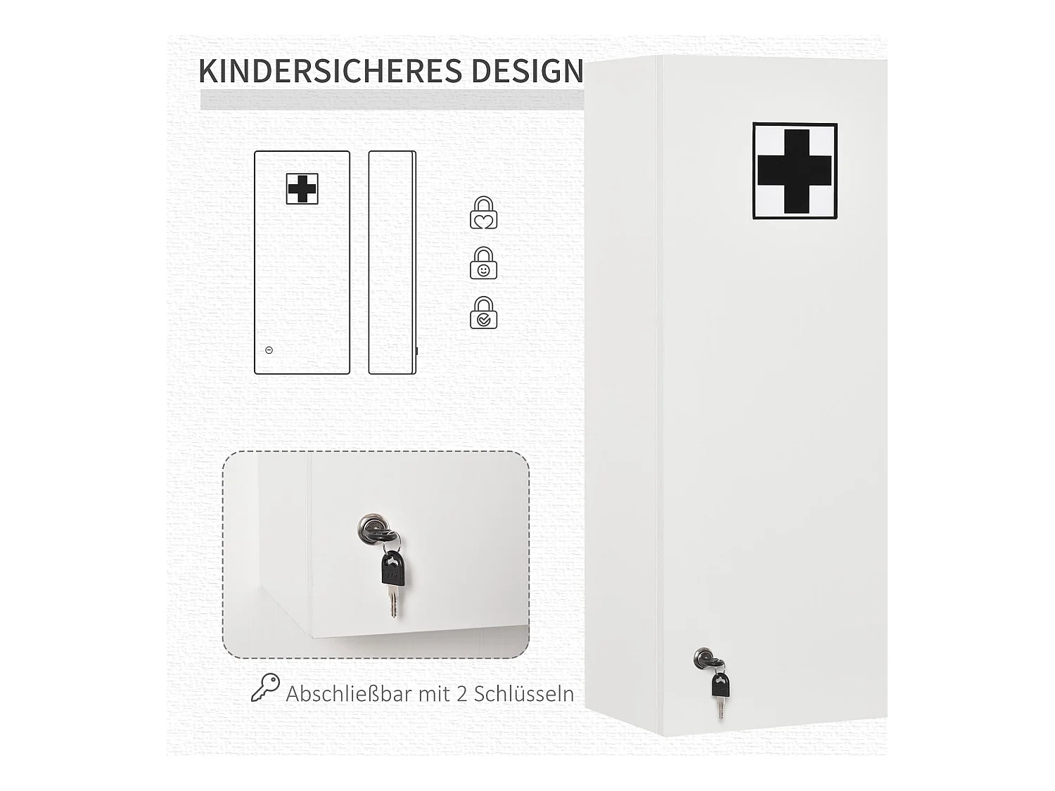 Armoire à pharmacie murale verrouillable et réglable, avec croix de premiers secours