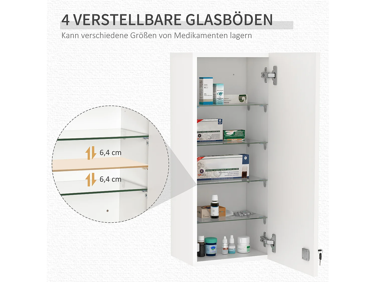 Armário de medicamentos de parede com fechadura e ajustável, com cruzeta de primeiros socorros