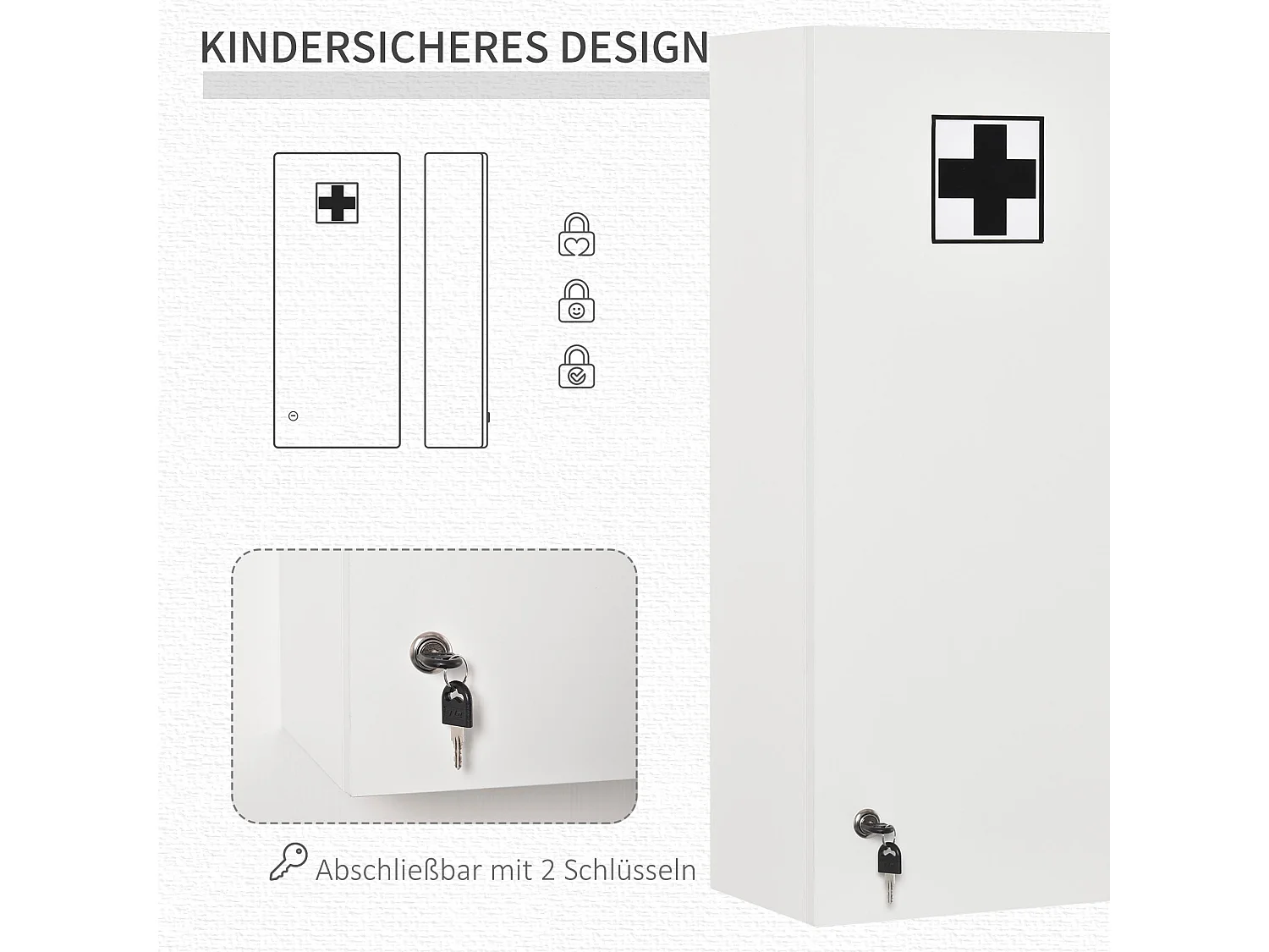 Armário de medicamentos de parede com fechadura e ajustável, com cruzeta de primeiros socorros