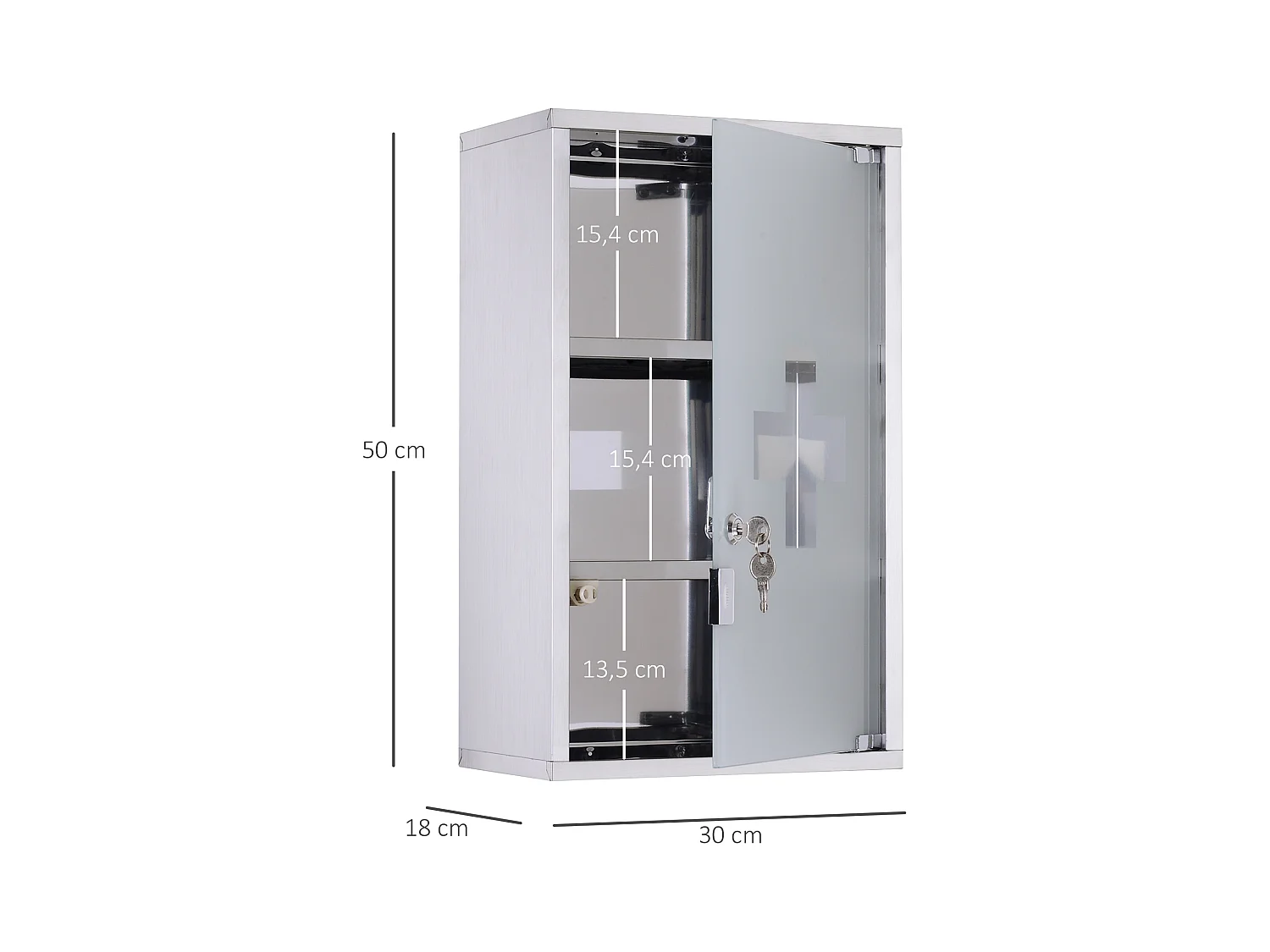 Erste-Hilfe-Schrank aus Edelstahl mit Schloss, 30 x 18 x 50 cm
