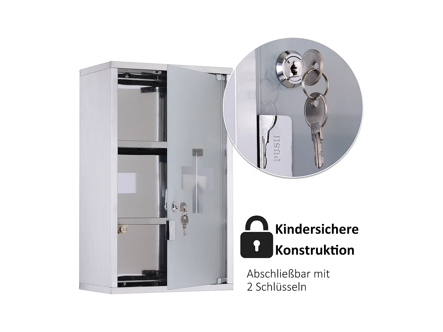 Erste-Hilfe-Schrank aus Edelstahl mit Schloss, 30 x 18 x 50 cm