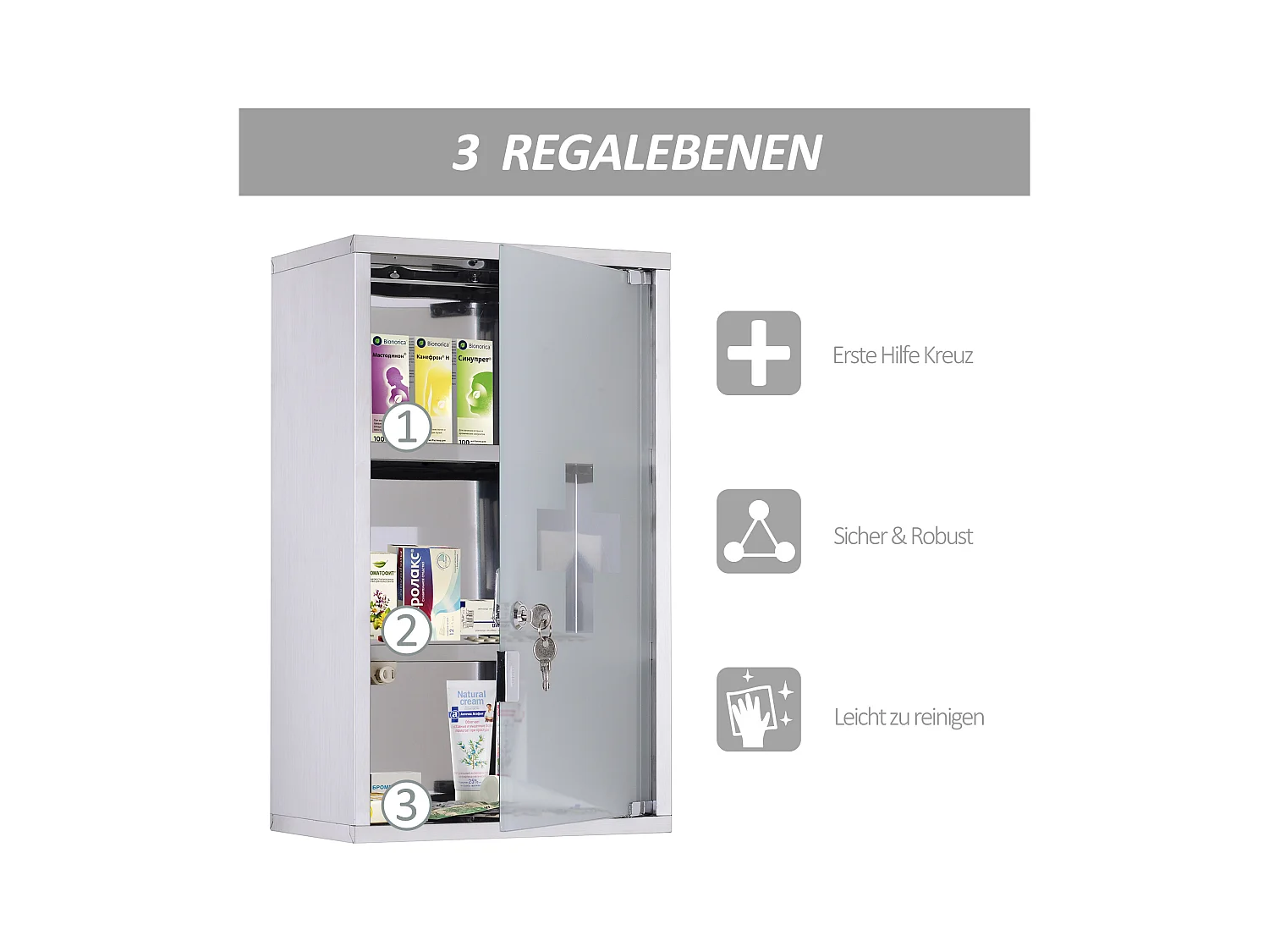 Erste-Hilfe-Schrank aus Edelstahl mit Schloss, 30 x 18 x 50 cm